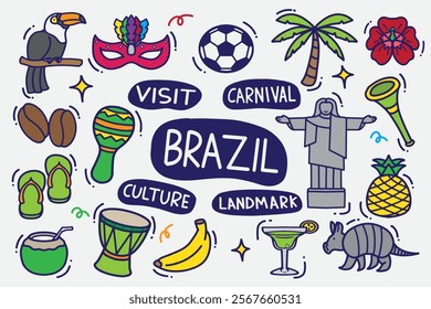 set of brazil doodle color good for background, wallpaper, element design, icon, print design, etc