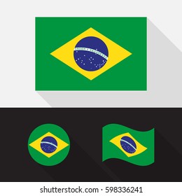 Set of Brazil flag flat design, isolated symbol with long shadow, vector illustration