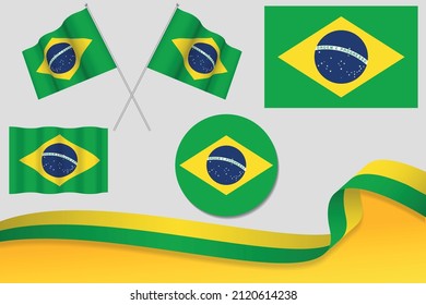 Set Of Brazil Flags In Different Designs, Icon, Flaying Flags With ribbon With Background. Free Vector