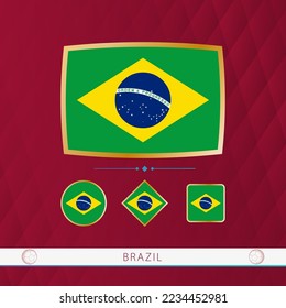 Set of Brazil flags with gold frame for use at sporting events on a burgundy abstract background. Vector collection of flags.