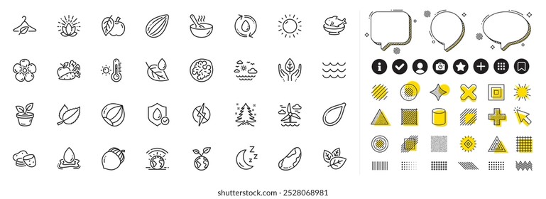 Set of Brazil nut, Apple and Almond nut line icons for web app. Design elements, Social media icons. Seafood, Greenhouse, Potato icons. Slow fashion, Leaf dew, Lotus signs. Vector