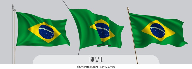 Set of Brazil waving flag on isolated background vector illustration. 3 green yellow Brazilian wavy realistic flag as a patriotic symbol 