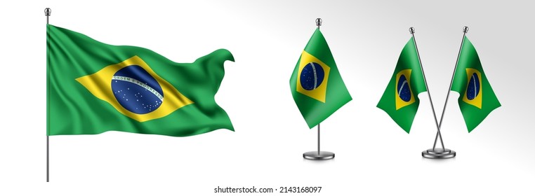 Set of Brazil waving flag on isolated background vector illustration. Globus Brazilian wavy realistic flag as a patriotic symbol