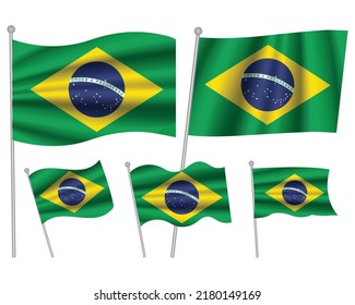 Set of Brazil waving flag on isolated background vector illustration. 5 Brazilian wavy realistic flag as a symbol of patriotism
