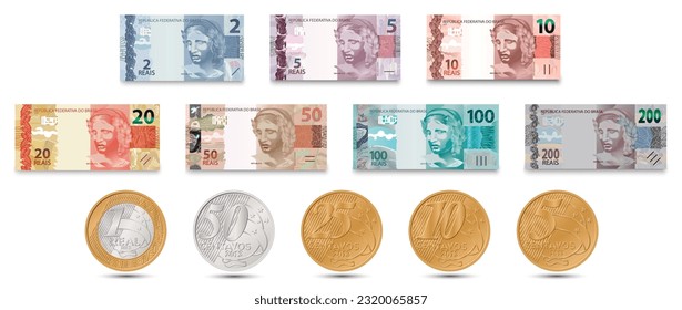 Conjunto de billetes y monedas brasileñas. Dinero brasileño. Verdadero brasileño. Ilustración vectorial.