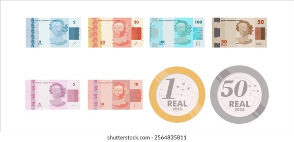 Set of Brazilian banknotes and Brazilian coins. Brazilian money. Brazilian real. Vector illustration