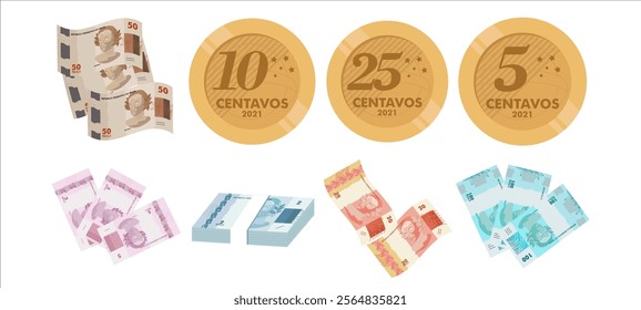 Set of Brazilian banknotes and Brazilian coins. Brazilian money. Brazilian real. Vector illustration