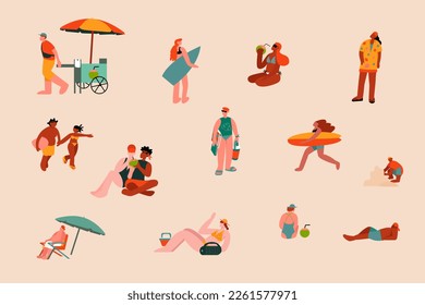 Set of Brazilian bathers. Multiracial people. Surf, street vendor, umbrella, summer. Isolated. Vector Art.