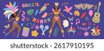 Set of Brazilian carnival elements. Masks, exotic bird, dancing women, guitar, flowers. Modern vector illustration.