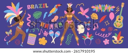 Set of Brazilian carnival elements. Masks, exotic bird, dancing women, guitar, flowers. Modern vector illustration.