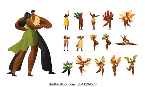 Set of Brazilian Carnival Male and Female Characters in Costumes, Latino Women in Feather Bikini Dress Dance at Rio de Janeiro Festival. Man Dance with Girl. Cartoon People Vector Illustration