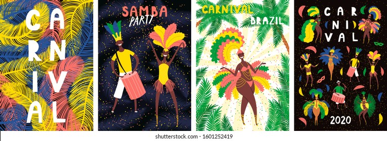 Set of Brazilian Carnival posters with dancing people in bright costumes, colorful feathers, tropical leaves, text. Hand drawn vector illustration. Flat style design. Concept flyer, banner.