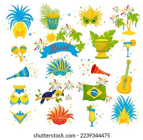 Set of Brazilian carnival symbols. Masks, musical instruments, cocktails, fireworks. Summer festival party objects cartoon vector