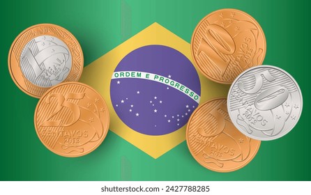 Set of Brazilian coins with Brazilian flag. Vector illustration.