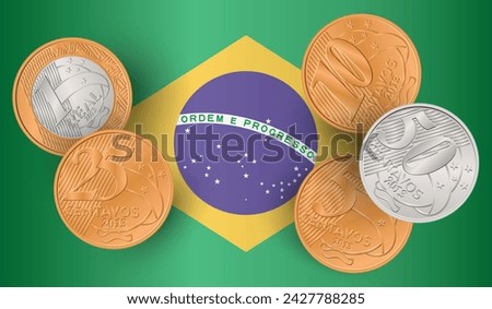 Set of Brazilian coins with Brazilian flag. Vector illustration.