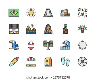 Set of Brazilian Culture Flat Color Icons. Toucan, Surfboard, Soccer and more.