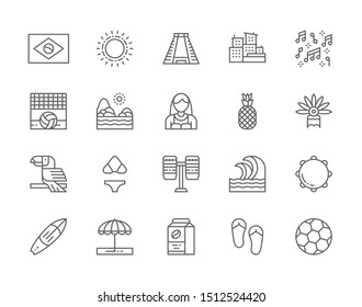 Set of Brazilian Culture Line Icons. Tropical Fruits, Beach Landscape, Toucan, Sun, Ancient Pyramid, Percussion, Surfboard, Soccer and more.