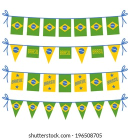 A set of Brazilian flag themed bunting and garlands in yellow, blue and green isolated on white.