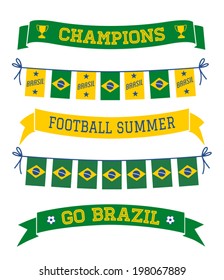 A set of Brazilian flag themed bunting and banners in yellow, blue and green isolated on white.