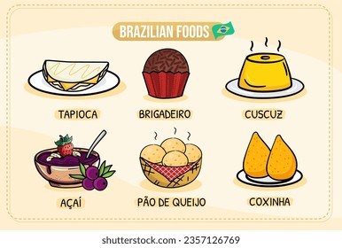 A set of brazilian food with - Couscuz, brigadeiro, tapioca, feijoada, pao de queijo, coxinha, acai