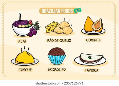 A set of brazilian food with - Couscuz, brigadeiro, tapioca, feijoada, pao de queijo, coxinha, acai