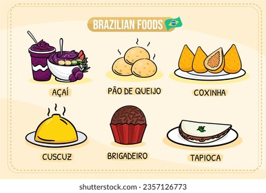 A set of brazilian food with - Couscuz, brigadeiro, tapioca, feijoada, pao de queijo, coxinha, acai