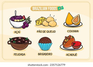 A set of brazilian food with - Couscuz, brigadeiro, tapioca, feijoada, pao de queijo, coxinha, acai