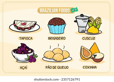 A set of brazilian food with - Couscuz, brigadeiro, tapioca, feijoada, pao de queijo, coxinha, acai