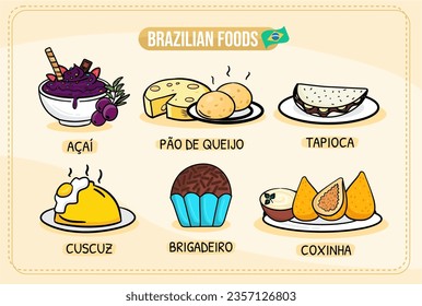 A set of brazilian food with - Couscuz, brigadeiro, tapioca, feijoada, pao de queijo, coxinha, acai