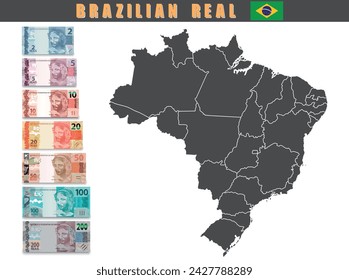 Set of Brazilian money with Brazilian map. Vector illustration.