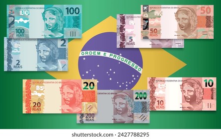 Set of Brazilian real banknotes with Brazilian flag. Vector illustration.