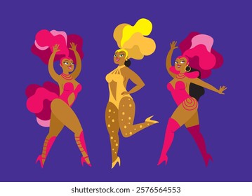 Set of Brazilian samba dancers. Carnival showgirls dancing wearing colorful feather costumes. Flat vector characters