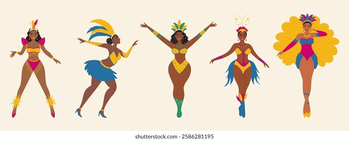 Set of Brazilian samba dancers. Carnival characters in festival costumes dancing. Modern vector illustration.