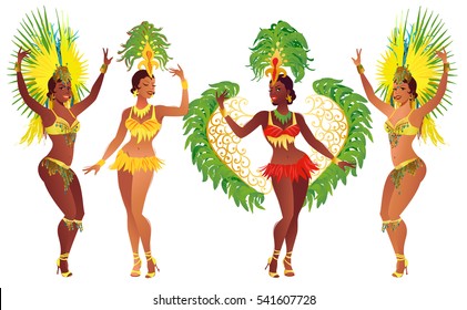 Set of Brazilian samba dancers. Vector carnival girls wearing a festival costume is dancing.