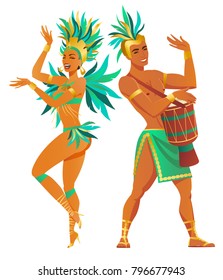 Eine Reihe brasilianischer Samba-Tänzer. Vektorkarnevalschüler und Mädchen tanzen.
