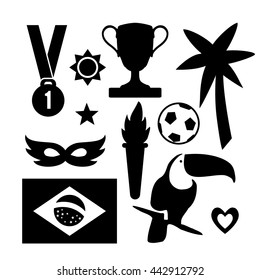 Set of Brazilian symbols. Sport icons. Black graphic objects. Vector illustrations isolated on white background. Flat design. 