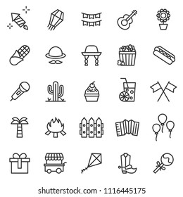 Set of Brazilian Traditional Celebration Festa Junina Icons Collection. Portuguese Brazilian Text saying Fair. Festa de Sao Joao. Festive Vector, Infographic, Pictogram, Thin Line Style, Perfect Pixel