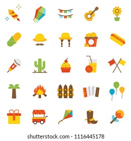 Set of Brazilian Traditional Celebration Festa Junina Icons Collection. Portuguese Brazilian Text saying Fair. Festa de Sao Joao. Festive Art Vector, Infographic, Pictogram, Colorull Cartoon.