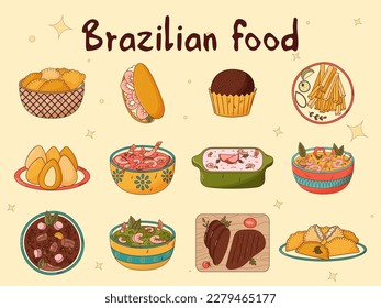 Set of Brazilian traditional food. Vector illustration in hand drawn style