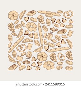 Set of bread and bakery products in doodle style. Cartoon collection of pastry in brown colours. Illustration for pattern, card, fabric or wrapping paper