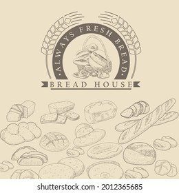 A set of bread in the basket. A loaf, a baguette and fresh pastries in the basket. The concept of a bakery in a retro style