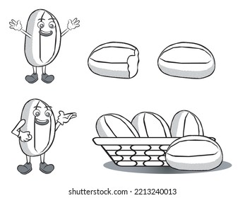 Set of bread brazilian food illustrations. Includes two mascots, two breads and a basket. Vectors isolated on white background.