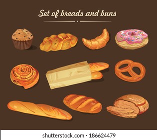 Set of bread and buns. Vector illustration.