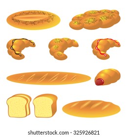 Set of bread and buns. Vector illustration of bakery products.