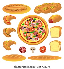 Set of bread and buns. Vector illustration of bakery products.
