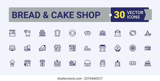 Set of Bread  Cake Shop line icons. Includes thin line cookie, product, cupcake, bread, bakery and more. Icons for UI. Solid line editable stroke. Vector line and solid icons.