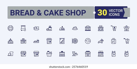 Set of Bread  Cake Shop line icons. Includes thin line cookie, product, cupcake, bread, bakery and more. Icons for UI. Solid line editable stroke. Vector line and solid icons.