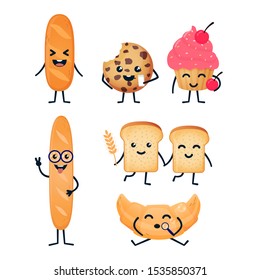 Set of bread characters, croissant, bread, baguette, slices of wheat bread,biscuits, cupcake. Funny characters with different emotions. Vector cartoon style image