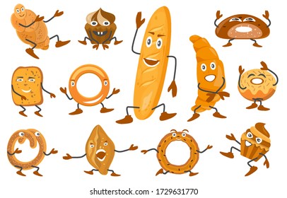 Set of bread characters. Wheat, rye and whole grain bread. Funny pretzel and bagel, ciabatta and muffin, croissant and French baguette, long loaf and toasts. Vector illustration.