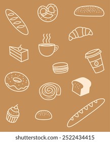  A set of bread and coffee icons on light brown background 